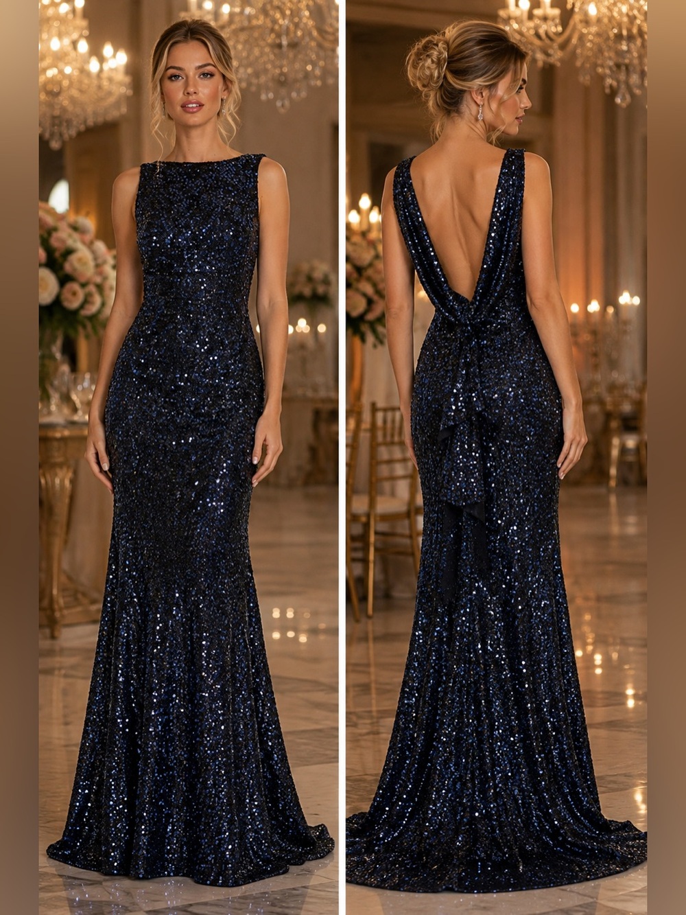 Ieena for Mac Duggal Midnight Navy Sequin Cowl Back Trumpet Gown 8 NWOT